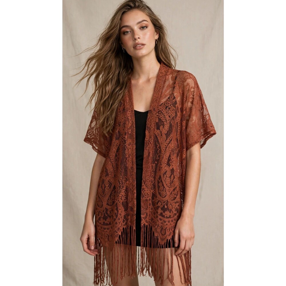 Rust Terracotta Floral Lace Kimono Womens S Open Front Fringe Boho Festival Chic